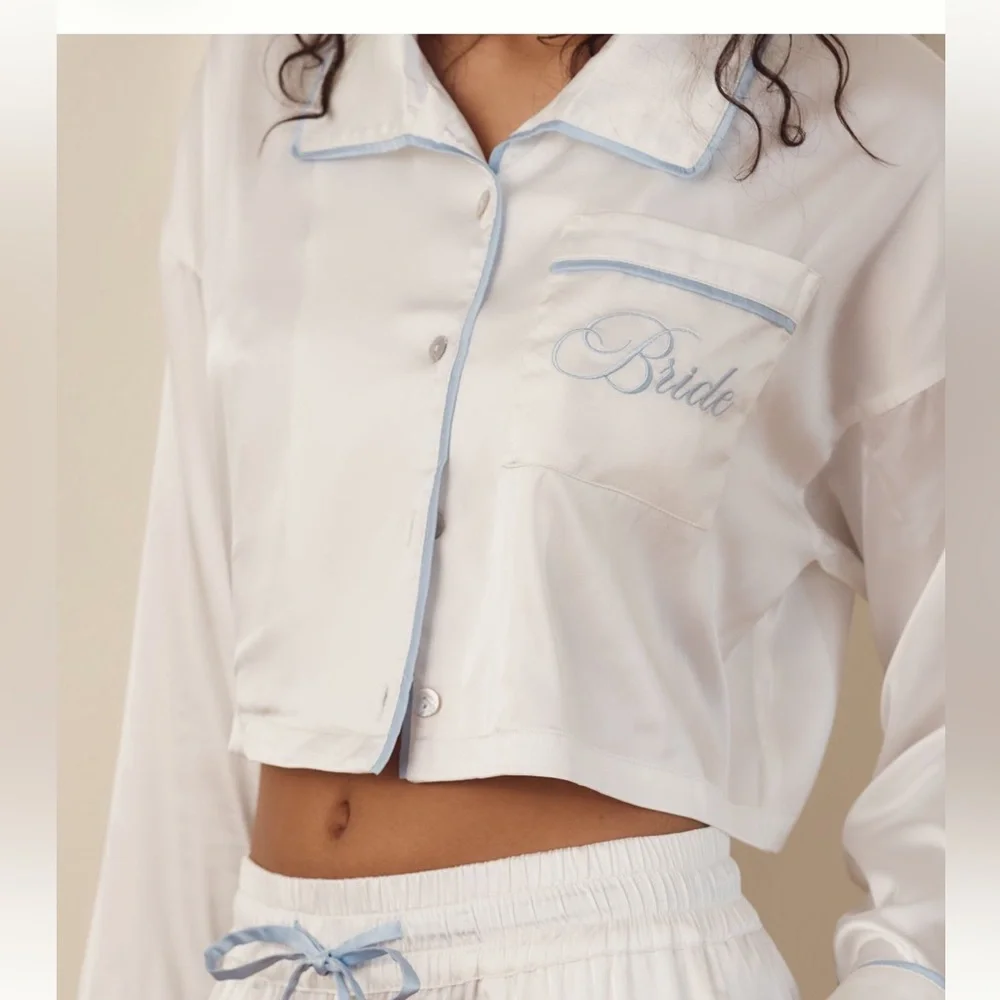 White Bride Crop Silk Pajamas - Picture 3 of 5